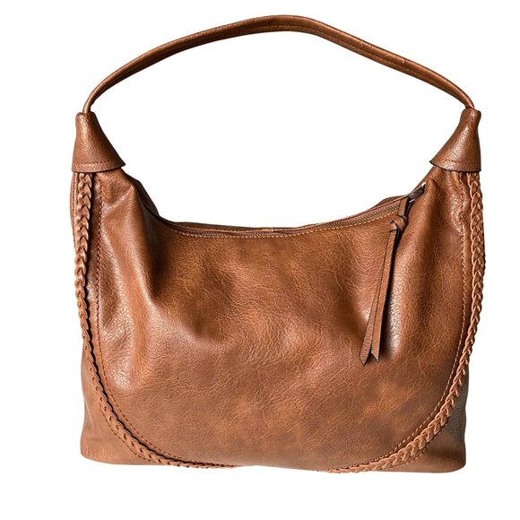Unknown Handbags - Vegan Brown Leather Hobo Bag Braided Design with Tassel Zip Closure Boho‎